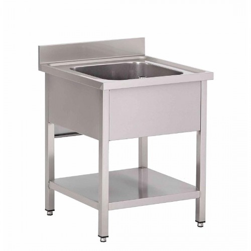 Plonge démontable adossée, en acier inoxydable, avec étagère, 1 bac au centre, P 600 x H 950 mm Plonge démontable adossée, en acier inoxydable, avec étagère, 1 bac au centre, P 600 x H 950 mm