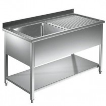 Plonge démontable adossée, en acier inoxydable, avec étagère, égouttoir et 1 bac, L 1400 x P 700 x H 950 mm