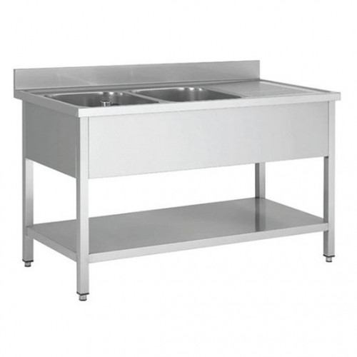 Plonge démontable adossée, en acier inoxydable, avec étagère, égouttoir et 2 bacs, L 1800 x P 700 x H 950 mm Plonge démontable adossée, en acier inoxydable, avec étagère, égouttoir et 2 bacs, L 1800 x P 700 x H 950 mm