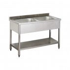 Plonge démontable, adossée, avec étagère, 2 bacs au centre, acier inoxydable, P 600 x H 950 mm