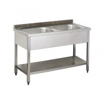 Plonge démontable adossée, en acier inoxydable, avec étagère, 2 bacs au centre, P 600 x H 950 mm