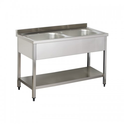 Plonge démontable adossée, en acier inoxydable, avec étagère, 2 bacs au centre, L 1400 mm Plonge démontable adossée, en acier inoxydable, avec étagère, 2 bacs au centre, L 1400 mm