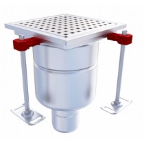 Siphon monolithique Epur HygieneFirst avec grilles inox, perforée 200 x 200 mm, sortie verticale, Ø 157 mm, 4,1 L/s