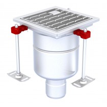 Siphon monolithique Epur HygieneFirst avec grilles inox, à barreaux 200 x 200 mm, sortie verticale, Ø 157 mm, 2,7 L/s