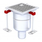 Siphon monolithique Epur HygieneFirst avec grilles inox, à barreaux 200 x 200 mm, sortie verticale, Ø 157 mm, 2,7 L/s