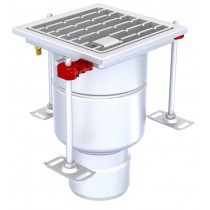 Siphon monolithique Epur HygieneFirst avec grilles inox, à barreaux 200 x 200 mm, sortie verticale, Ø 157 mm, 2,7 L/s