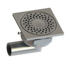 Siphon en acier inox avec prise de terre, 150 x150 mm, sortie latérale, Ø 50 mm