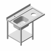 Table d'entrée avec 1 bac a gauche, 2 pieds, lave vaisselle à droite, longueur 1200 mm