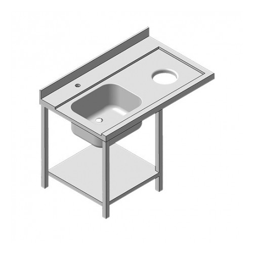 Table d'entrée avec 1 bac a gauche, 2 pieds, lave vaisselle à droite, longueur 1200 mm Table d'entrée avec 1 bac a gauche, 2 pieds, lave vaisselle à droite, longueur 1200 mm