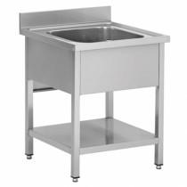 Plonge démontable sur pieds carrés, étagère pleine, en inox AISI 201, 1 bac, L 600 x P 600 mm 