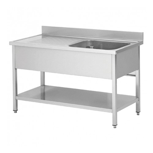 Plonge démontable sur pieds carrés, étagère pleine, en inox AISI 201, 1 bac, égouttoir a droite, L 1200 x P 700 mm 