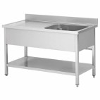 Plonge démontable sur pieds carrés, étagère pleine, en inox AISI 201, 1 bac, égouttoir a droite, L 1200 x P 700 mm 
