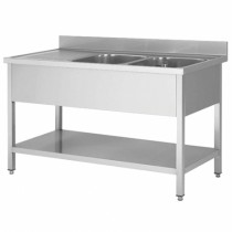 Plonge démontable sur pieds carrés, étagère pleine, en inox AISI 201, 2 bacs, égouttoir a droite, P 600 mm