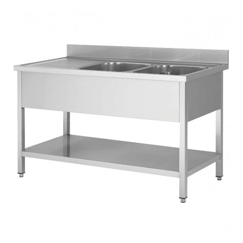 Plonge démontable sur pieds carrés, étagère pleine, en inox AISI 201, 2 bacs, égouttoir a droite, L 1600 mm Plonge démontable sur pieds carrés, étagère pleine, en inox AISI 201, 2 bacs, égouttoir a droite, L 1600 mm