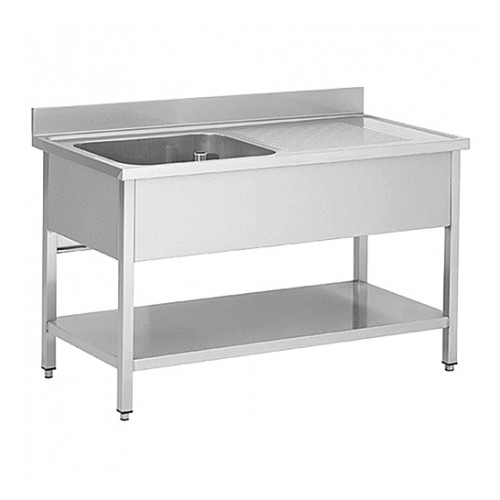 Plonge démontable sur pieds carrés, étagère pleine, en inox AISI 201, 1 bac, égouttoir a gauche, L 1200 x P 700 mm Plonge démontable sur pieds carrés, étagère pleine, en inox AISI 201, 1 bac, égouttoir a gauche, L 1200 x P 700 mm