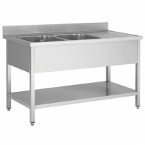 Plonge démontable sur pieds carrés, étagère pleine, en inox AISI 201, 2 bacs, égouttoir a gauche, L 1600 mm