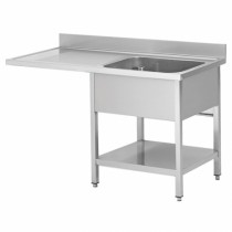 Plonge avec passage lave vaisselle sur pieds carrés, étagère pleine, en inox AISI 201, 1 bac, égouttoir a droite, P 600 mm