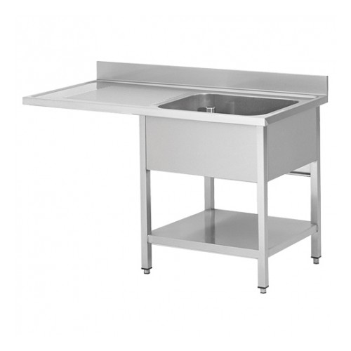 Plonge avec passage lave vaisselle sur pieds carrés, étagère pleine, en inox AISI 201, 1 bac, égouttoir a droite, L 1200 mm Plonge avec passage lave vaisselle sur pieds carrés, étagère pleine, en inox AISI 201, 1 bac, égouttoir a droite, L 1200 mm