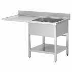 Plonge avec passage lave vaisselle sur pieds carrés, étagère pleine, en inox AISI 201, 1 bac, égouttoir a droite, P 600 mm