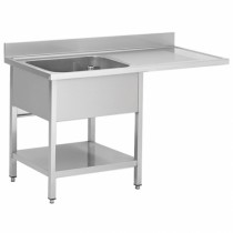 Plonge avec passage lave vaisselle sur pieds carrés, étagère pleine, en inox AISI 201, 1 bac, égouttoir a gauche, P 600 mm