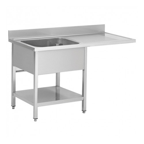 Plonge avec passage lave vaisselle sur pieds carrés, étagère pleine, en inox AISI 201, 1 bac, égouttoir a gauche, L 1200 mm Plonge avec passage lave vaisselle sur pieds carrés, étagère pleine, en inox AISI 201, 1 bac, égouttoir a gauche, L 1200 mm