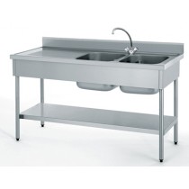 Plonge démontable, avec étagère, adossée, 2 bacs à droite, 1 égouttoir à gauche, L 1800 x l 600 x H 900 mm