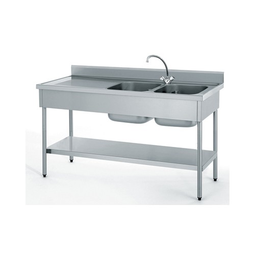 Plonge démontable avec étagère adossée 2 bacs à droite 1 égouttoir à gauche L 1800 x l 600 x H 900 mm Plonge démontable avec étagère adossée 2 bacs à droite 1 égouttoir à gauche L 1800 x l 600 x H 900 mm