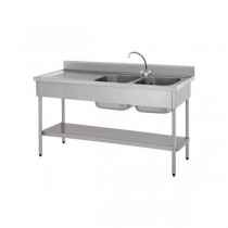 Plonge démontable, avec étagère, adossée, 2 bacs à droite, 1 égouttoir à gauche, L 1600 x l 700 x H 900 mm