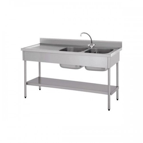 Plonge démontable avec étagère adossée 2 bacs à droite 1 égouttoir à gauche L 1600 x l 700 x H 900 mm