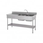 Plonge démontable, avec étagère, adossée, 2 bacs à droite, 1 égouttoir à gauche, L 1600 x l 700 x H 900 mm