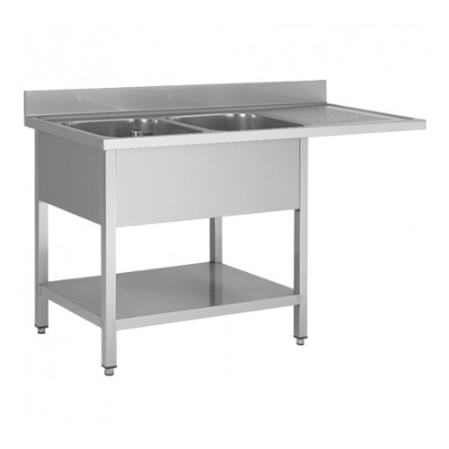 Plonge avec passage lave vaisselle sur pieds carrés, en inox AISI 201, 2 bacs, égouttoir a gauche, L 1600 x P 600 mm Plonge avec passage lave vaisselle sur pieds carrés, en inox AISI 201, 2 bacs, égouttoir a gauche, L 1600 x P 600 mm