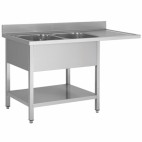 Plonge avec passage lave vaisselle sur pieds carrés, en inox AISI 201, 2 bacs, égouttoir a gauche, L 1600 x P 600 mm