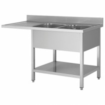 Plonge avec passage lave vaisselle sur pieds carrés, en inox AISI 201, 2 bacs, égouttoir a droite, L 1600 x P 700 mm