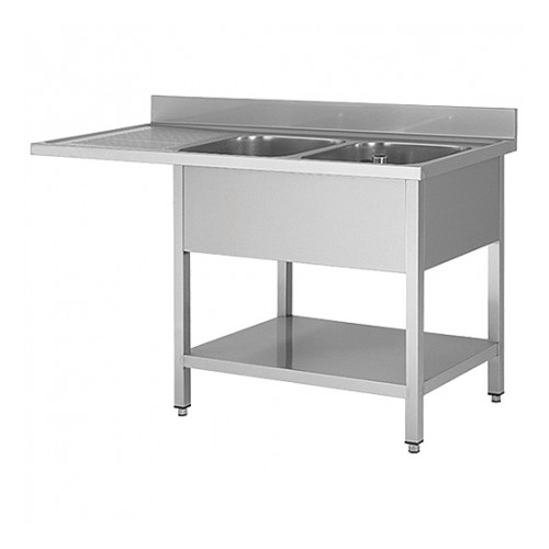 Plonge avec passage lave vaisselle sur pieds carrés, en inox AISI 201, 2 bacs, égouttoir a droite, L 1600 x P 700 mm Plonge avec passage lave vaisselle sur pieds carrés, en inox AISI 201, 2 bacs, égouttoir a droite, L 1600 x P 700 mm