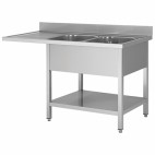 Plonge avec passage lave vaisselle sur pieds carrés, en inox AISI 201, 2 bacs, égouttoir a droite, L 1600 x P 700 mm