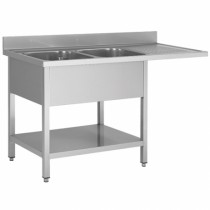 Plonge avec passage lave vaisselle sur pieds carrés, en inox AISI 201, 2 bacs, égouttoir a gauche, L 1600 x P 700 mm