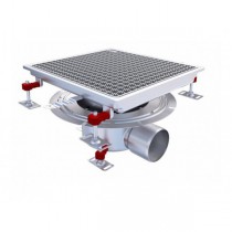 Caniveau hygienefirst 570 x 600 mm, sortie horizontale centrée 157/110 avec grille inox, sur mesure