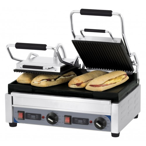 Panini grill avec timer double premium rainurée-lisse en inox 2900 W Panini grill avec timer double premium rainurée-lisse en inox 2900 W
