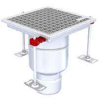 Siphon monolithique Epur HygieneFirst avec grille caillebotis anti-dérapante inox, 200 x 200 mm, sortie verticale, Ø 157 mm
