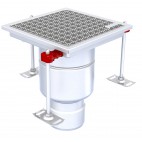 Siphon monolithique Epur HygieneFirst avec grille caillebotis anti-dérapante inox, 200 x 200 mm, sortie verticale, Ø 157 mm