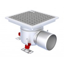 Siphon monolithique, Epur HygieneFirst avec grilles caillebotis anti-dérapante, 250 x 250 mm, sortie horizontale, Ø 157 mm