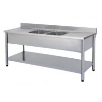 Plonge démontable, avec étagère, adossée, 2 bacs au centre, 2 égouttoirs, L 2400 x l 700 x H 900 mm