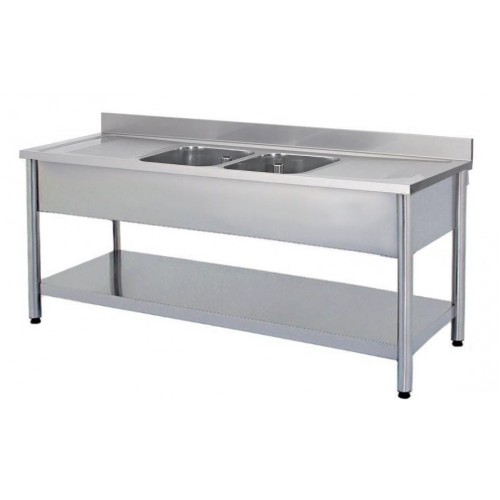 Plonge démontable avec étagère adossée 2 bacs au centre 2 égouttoirs L 2400 x l 700 x H 900 mm Plonge démontable avec étagère adossée 2 bacs au centre 2 égouttoirs L 2400 x l 700 x H 900 mm