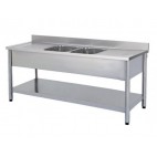 Plonge démontable, avec étagère, adossée, 2 bacs au centre, 2 égouttoirs, L 2400 x l 700 x H 900 mm