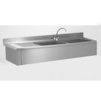 Plonge suspendue, adossée, 2 bacs à droite, 1 égouttoir à gauche, L 1800 x l 700 mm