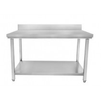 Table, inox AISI 201, adossé avec étagère, pieds carrés, profondeur 600 mm