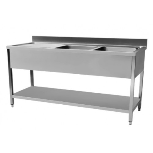 Plonge démontable en inox avec étagère, dosseret et egouttoir, 2 bacs, L 1600 mm Plonge démontable en inox avec étagère, dosseret et egouttoir, 2 bacs, L 1600 mm