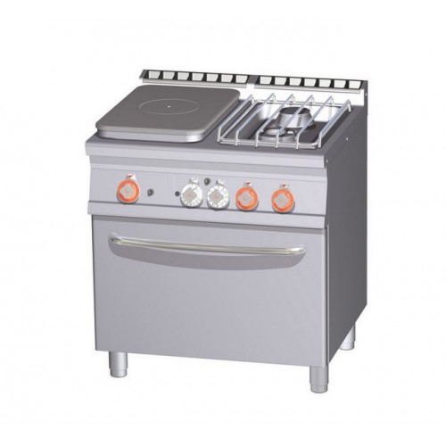 Fourneaux 2 feux gaz avec 1/2 plaque coup de feu sur four électrique ventilé GN1/1, gamme 700 Fourneaux 2 feux gaz avec 1/2 plaque coup de feu sur four électrique ventilé GN1/1, gamme 700