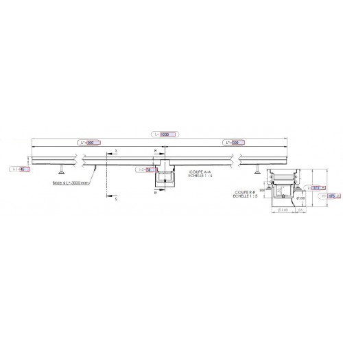Caniveau en acier inox AISI 304, 1000 x 200 mm, sortie latérale, Ø 100 mm fabrication sur mesure Caniveau en acier inox AISI 304, 1000 x 200 mm, sortie latérale, Ø 100 mm fabrication sur mesure