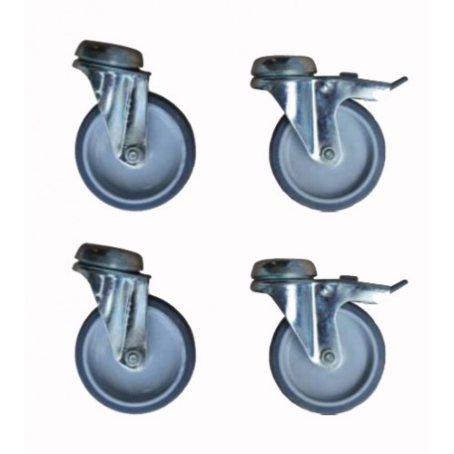 Kit 4 roues PVC en gomme noire avec fourche galvanisée, dont 2 avec frein pour table de travail Kit 4 roues PVC en gomme noire avec fourche galvanisée, dont 2 avec frein pour table de travail